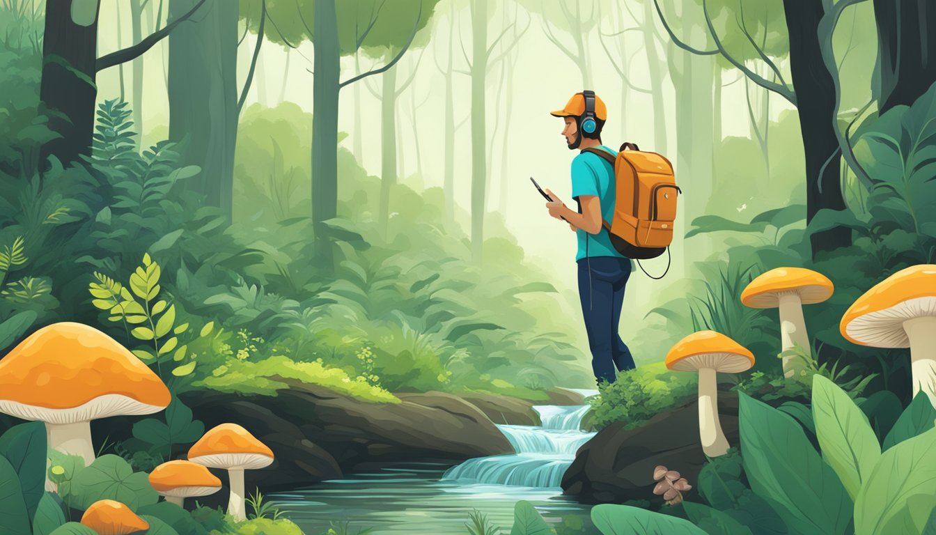 A lush forest with various plants and mushrooms, a flowing stream, and a person with headphones exploring and foraging