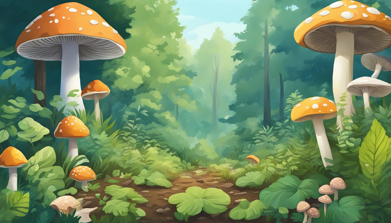 A lush forest with various edible plants and mushrooms scattered across the forest floor, with a clear blue sky above