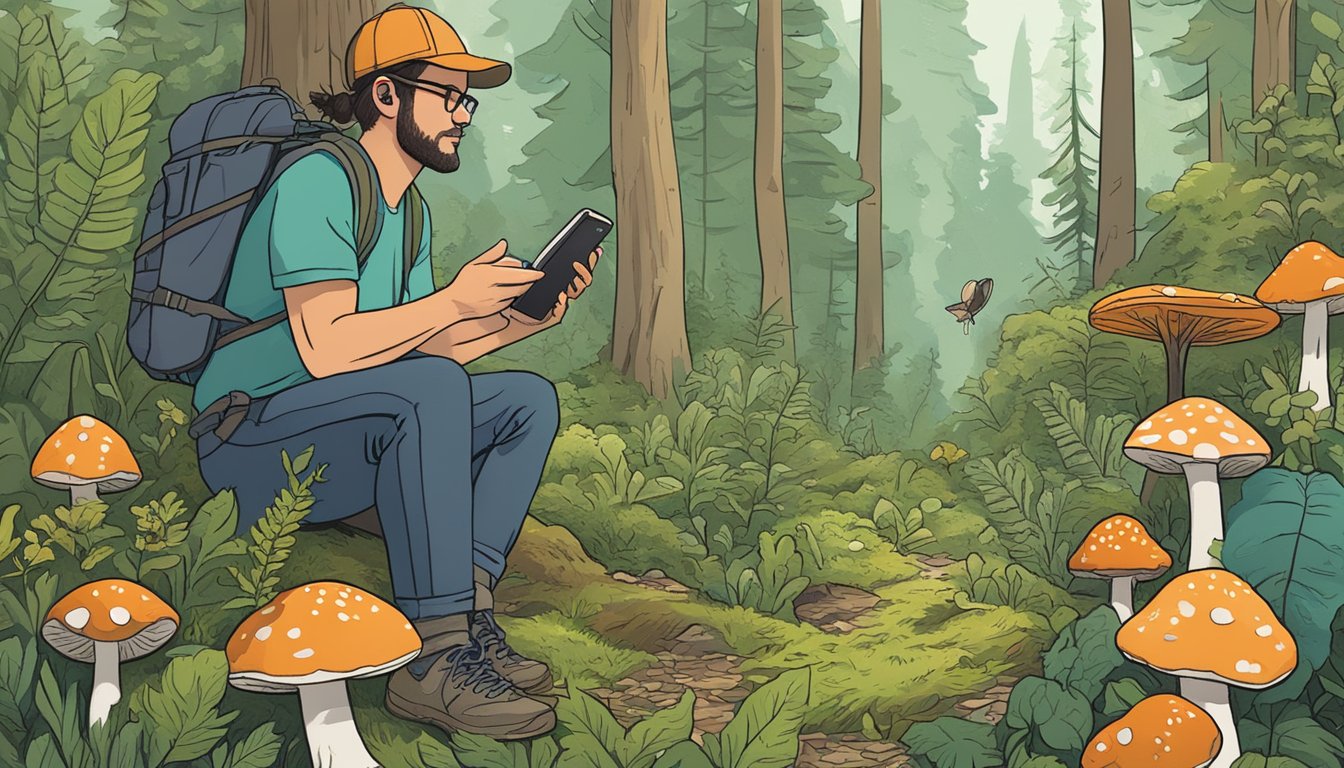 A lush forest with various wild plants and mushrooms, a small portable speaker playing a foraging podcast, and a hiker listening intently while gathering edible finds