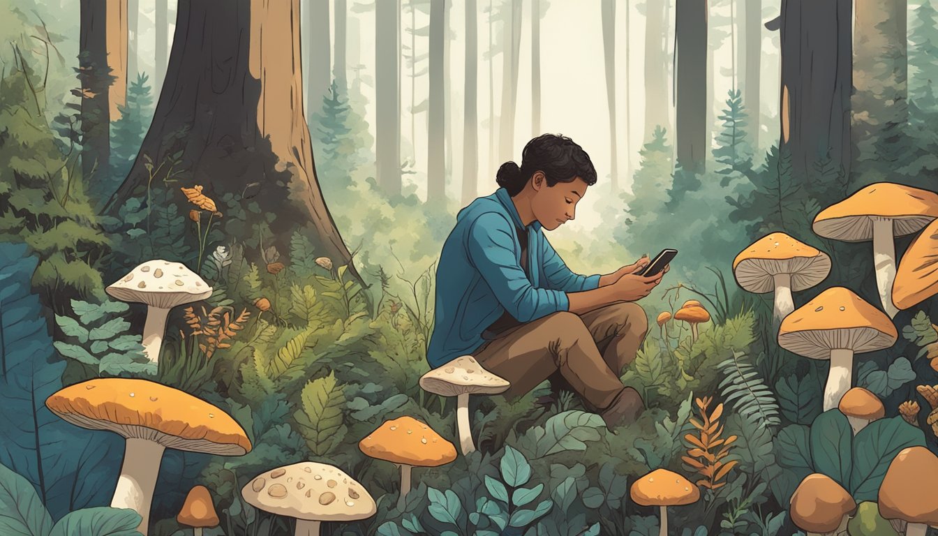 A person surrounded by various types of wild plants and mushrooms, listening to a podcast on their phone while foraging in the forest