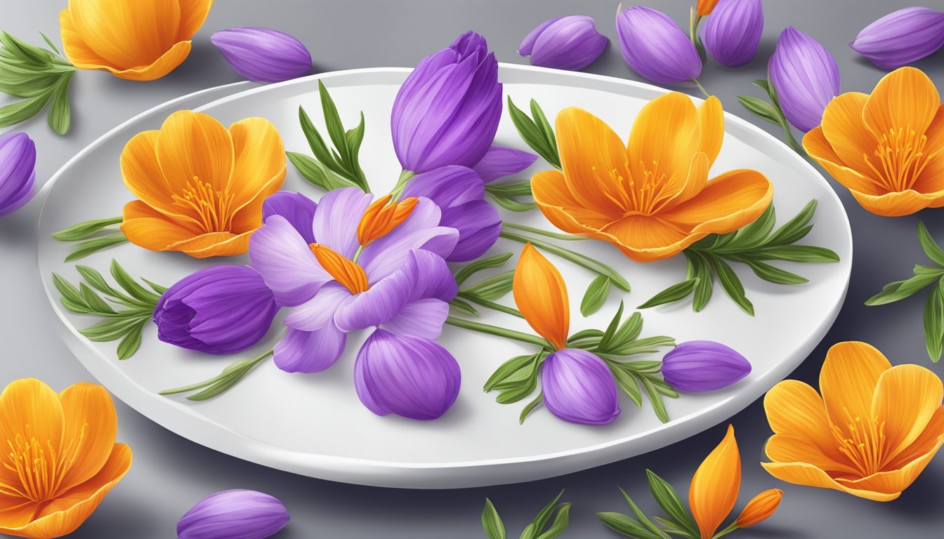 Vibrant saffron flowers and edible blooms arranged on a white plate, ready to garnish dishes