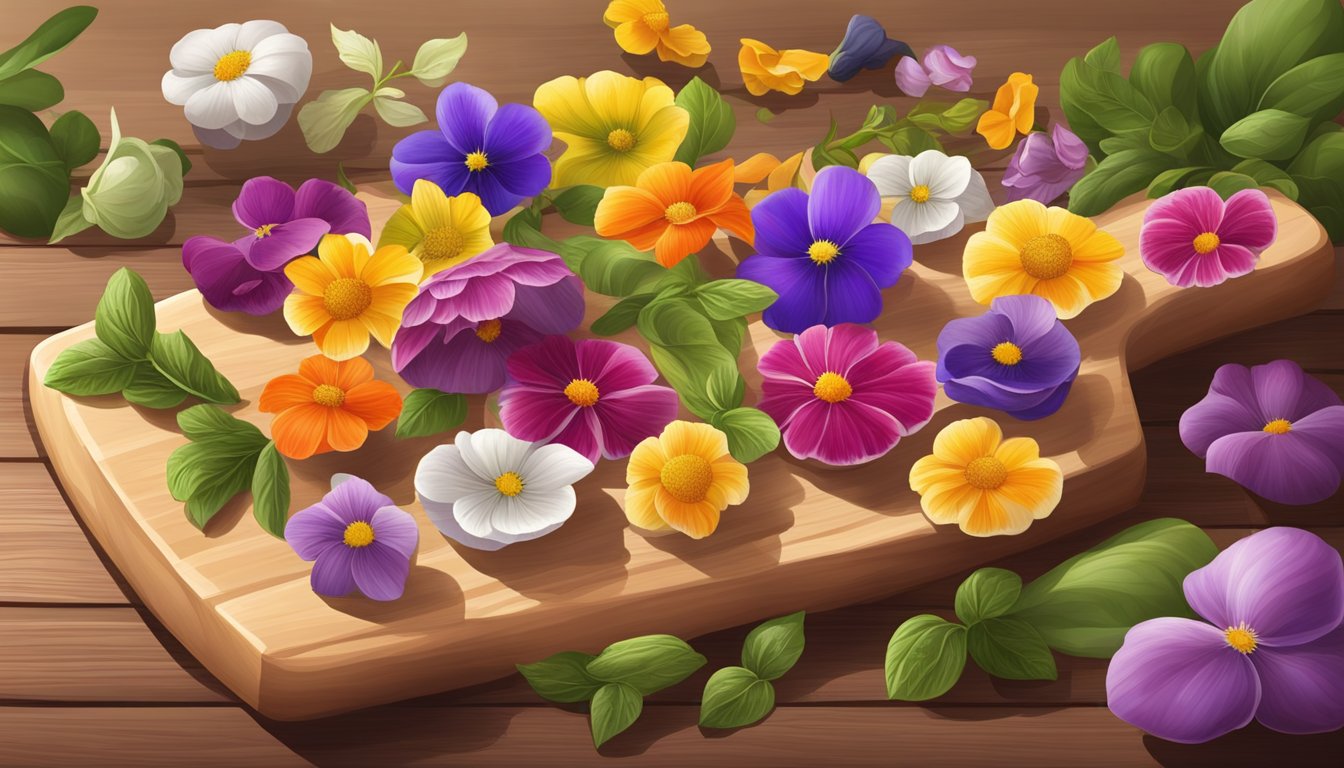 A vibrant array of edible flowers arranged on a wooden cutting board, ready to garnish a variety of dishes