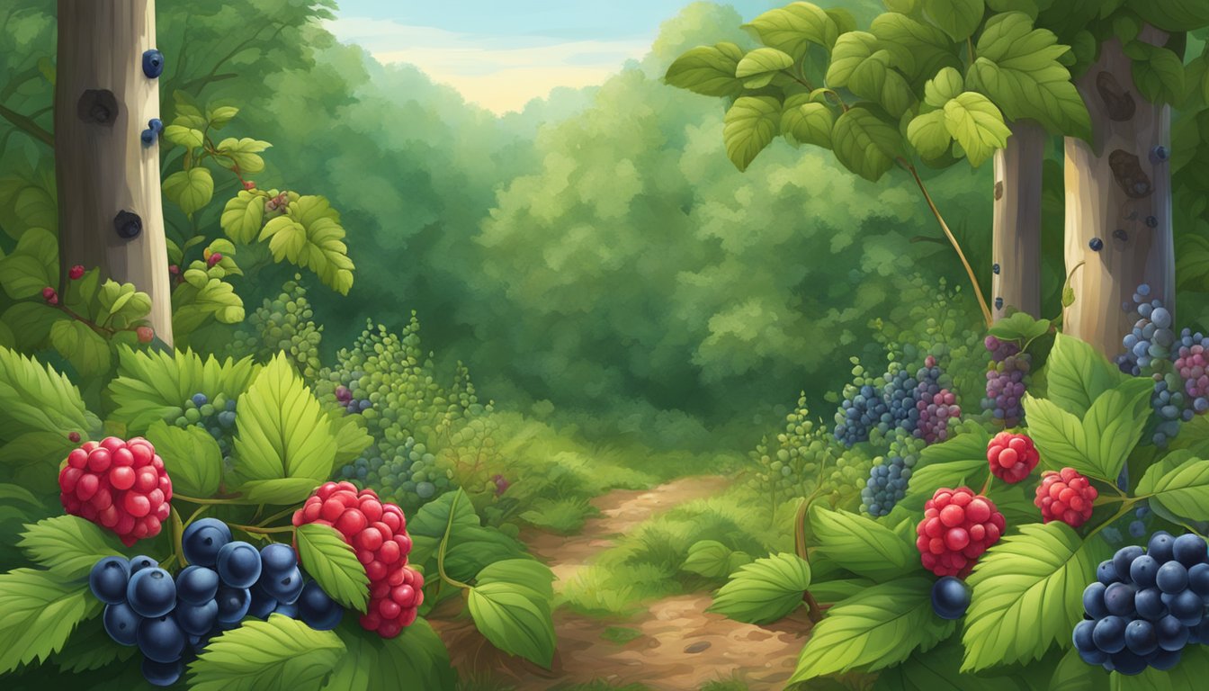 A lush forest clearing with a variety of wild berries growing on bushes and vines, including blueberries, blackberries, and raspberries