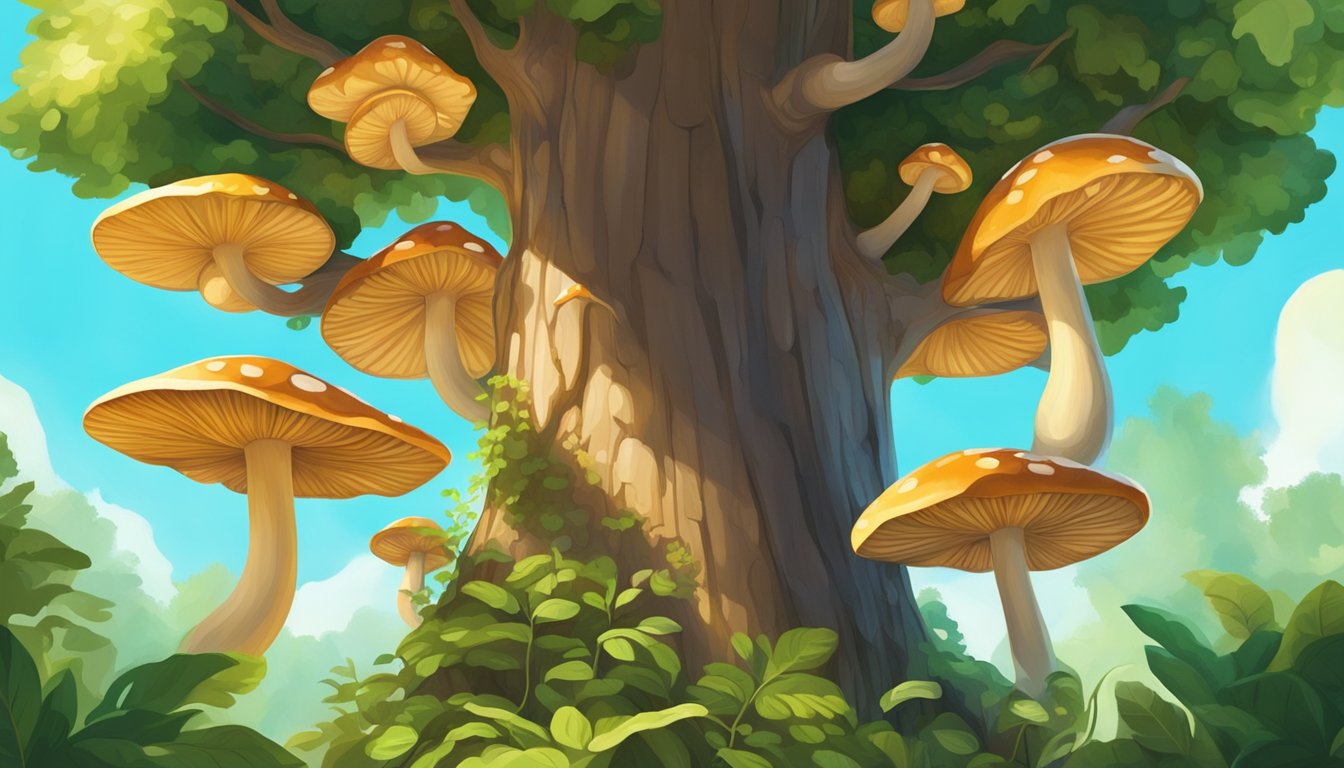 Mushrooms growing on the bark of a towering tree, surrounded by lush green foliage and dappled sunlight filtering through the canopy