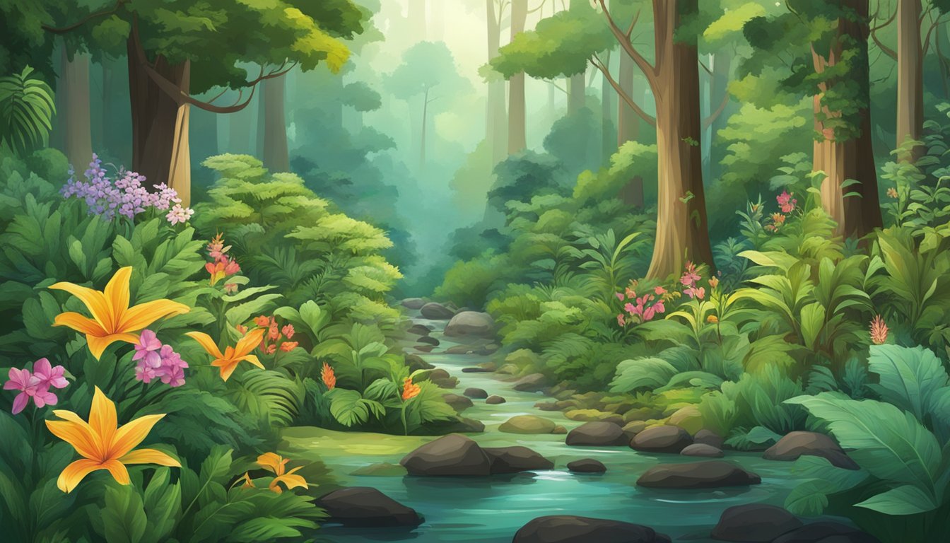 A lush forest with a variety of plants and flowers, showcasing the rich biodiversity of the ecosystem