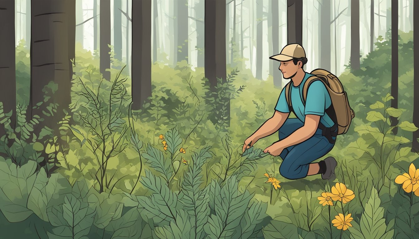 A person carefully collects wild plants, leaving behind any protected or endangered species. They follow foraging etiquette rules in a forest setting