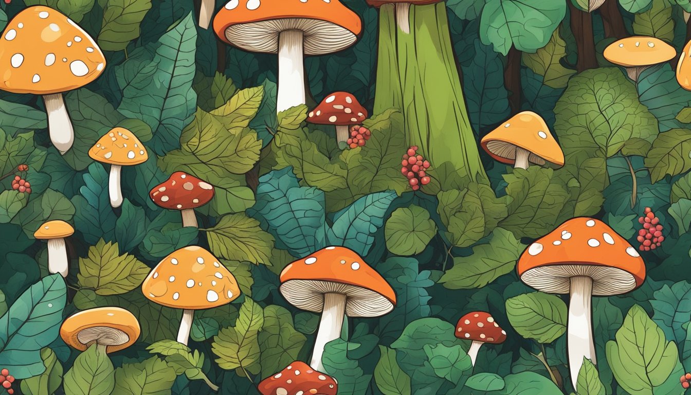 A forest floor with scattered leaves, mushrooms, and berries, undisturbed by human presence