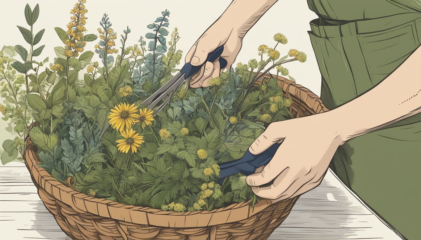 A person using a basket and scissors to carefully harvest wild plants, following guidelines for ethical foraging