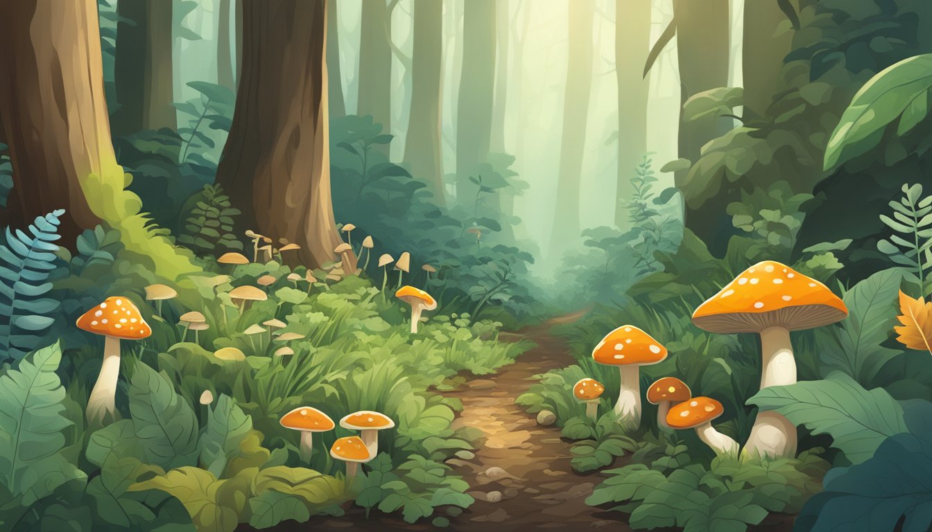 A forest floor with various plants and mushrooms. A few look-alike species are scattered among the edible ones