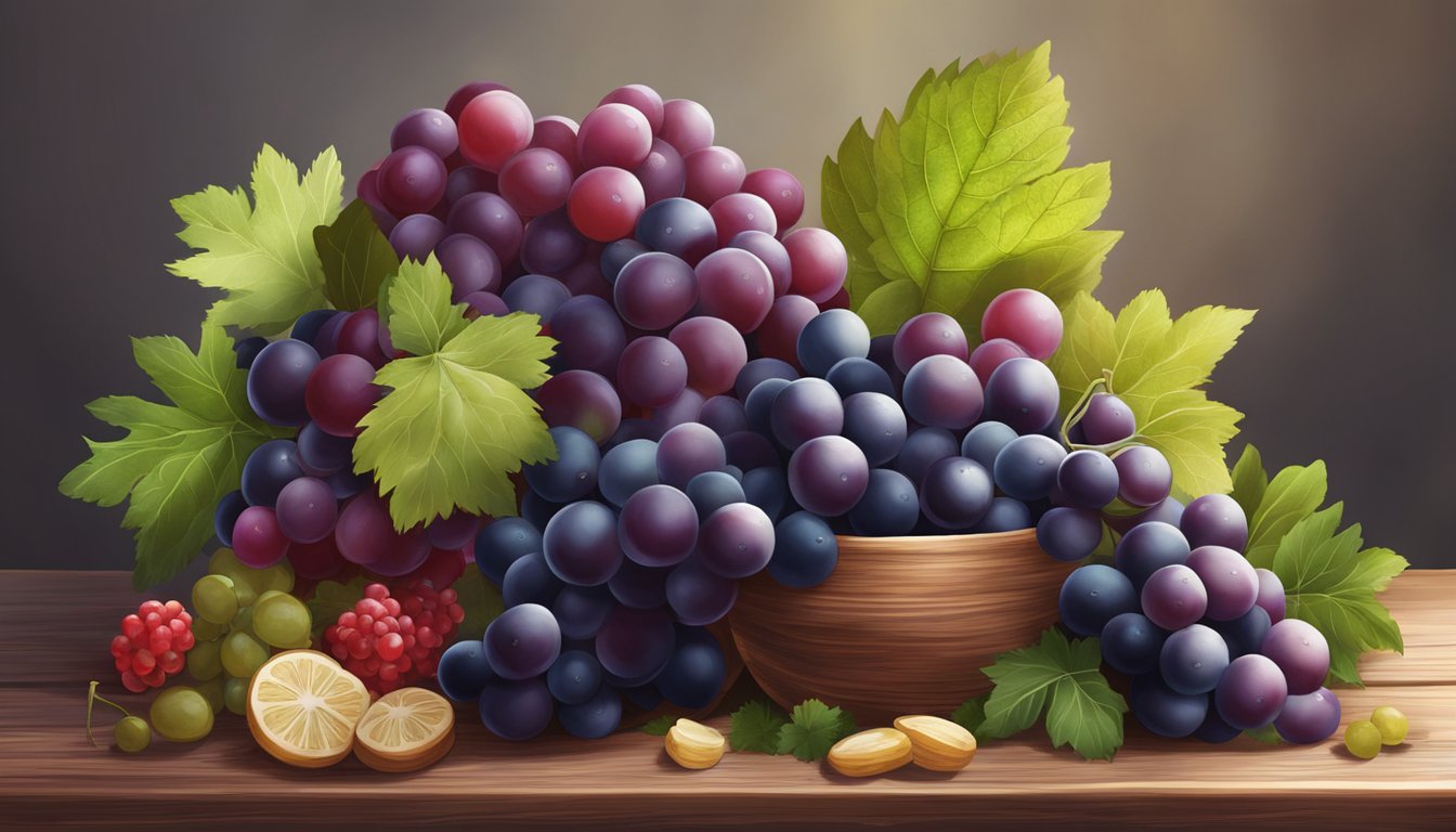 A cluster of red grapes surrounded by various wild edibles rich in antioxidants, such as berries and leafy greens, arranged on a wooden table