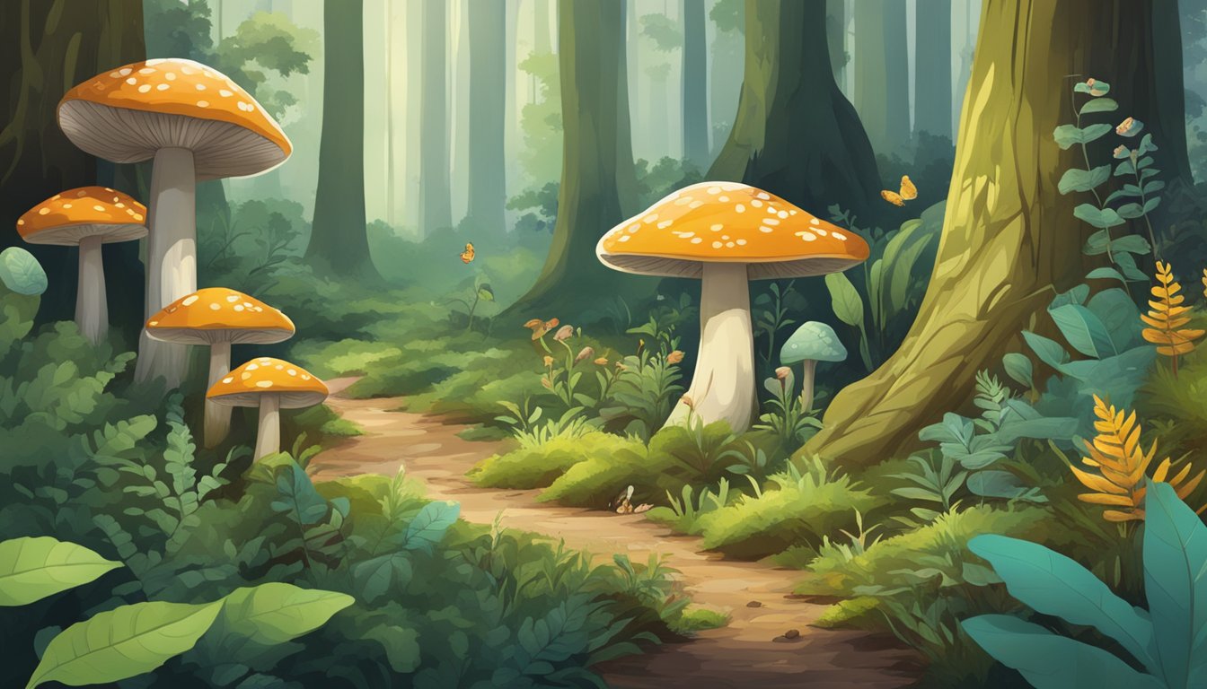 A forest floor with various plants and fungi, a small animal foraging for food, and other creatures observing from a distance