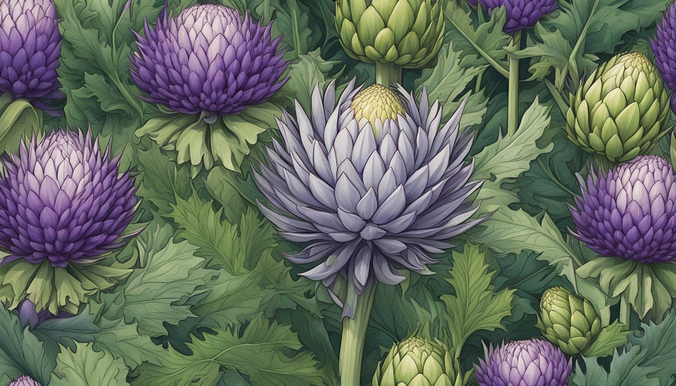 A lush field of artichoke plants surrounded by other wild edibles, with vibrant green leaves and purple thistle-like flowers