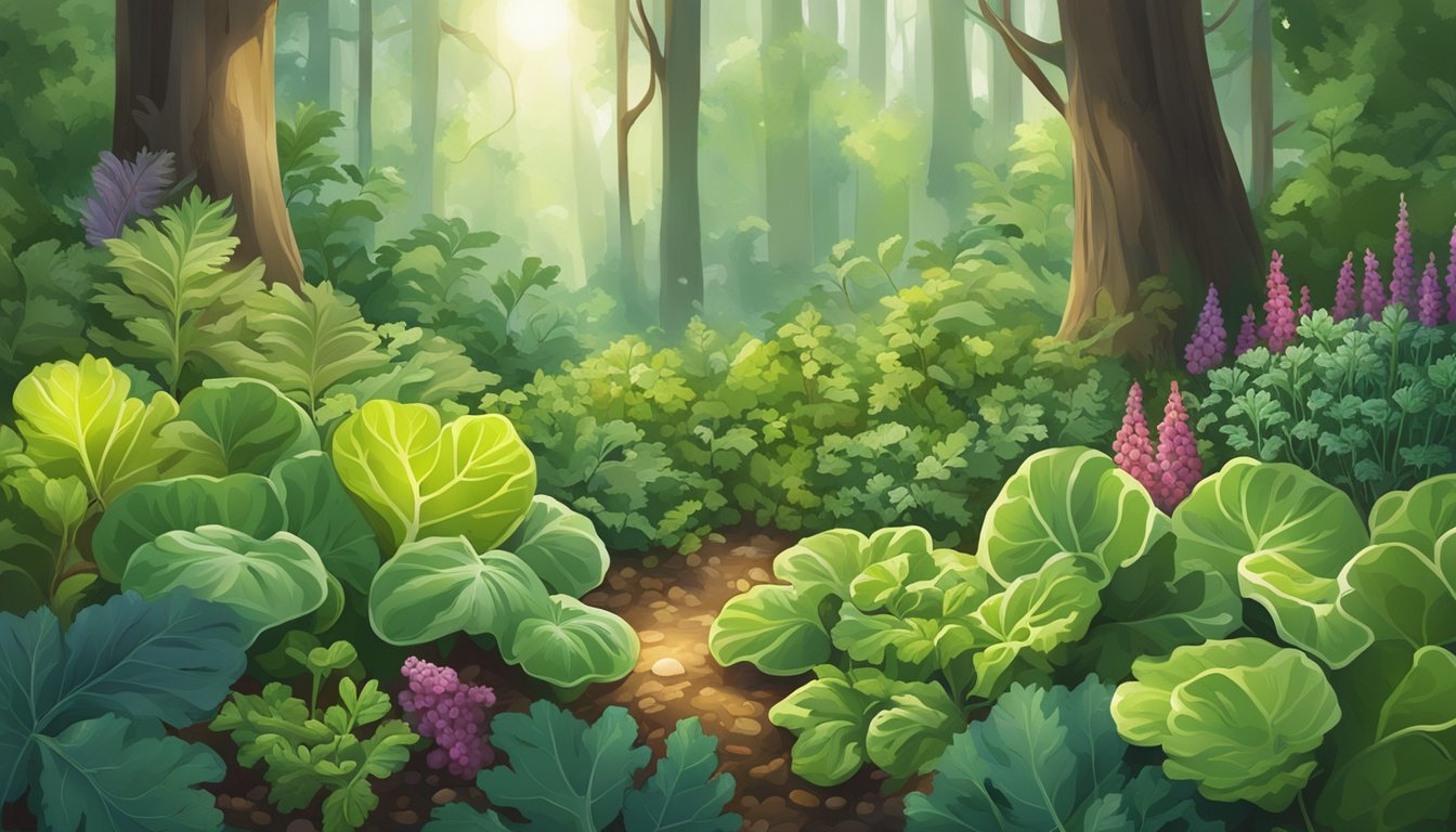 A lush forest floor with a variety of wild edibles such as kale, berries, and herbs, surrounded by vibrant green foliage and dappled sunlight