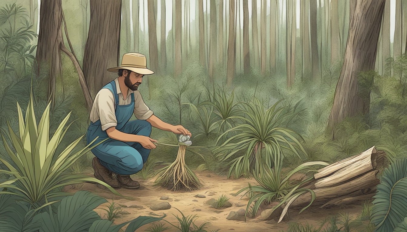 A person gathers yucca root and other wild plants in a forest clearing to make soap