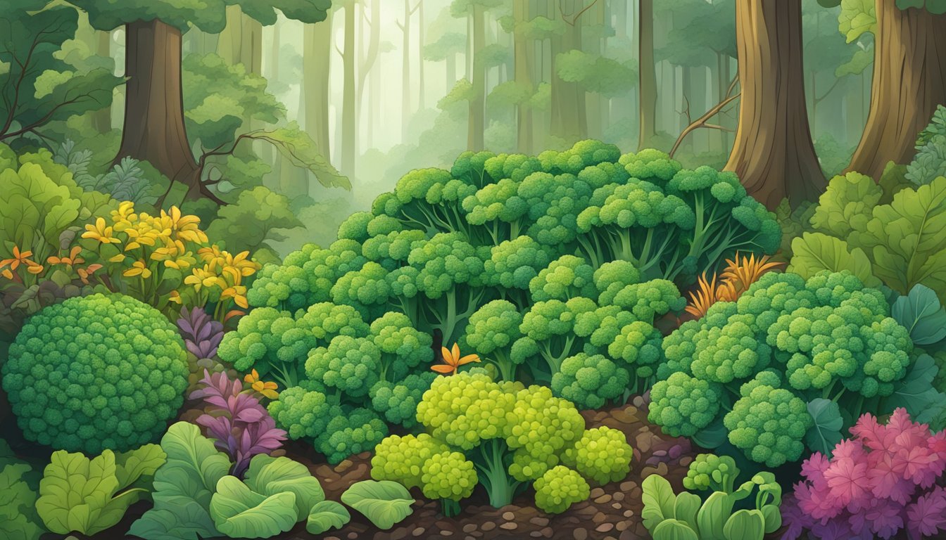 A lush forest floor with vibrant green broccoli plants surrounded by various wild edibles, all teeming with antioxidants