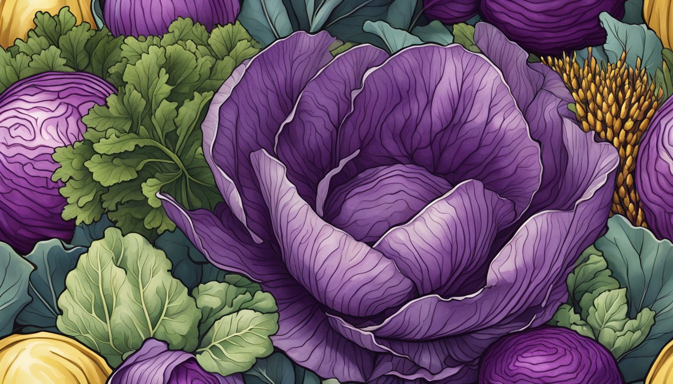 A vibrant red cabbage surrounded by a variety of wild edible plants, all rich in antioxidants, set against a natural backdrop