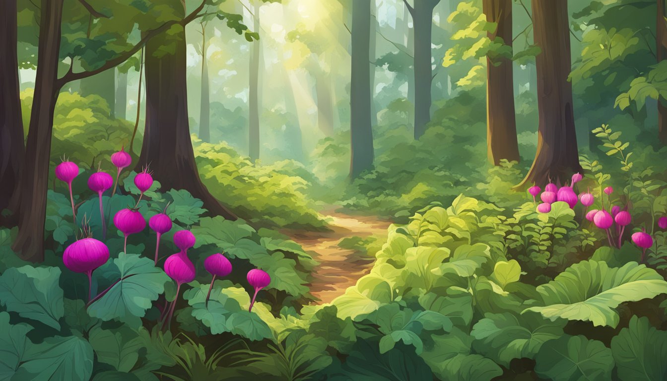 A lush forest floor with vibrant beets and various wild edibles growing in the underbrush, surrounded by tall trees and dappled sunlight