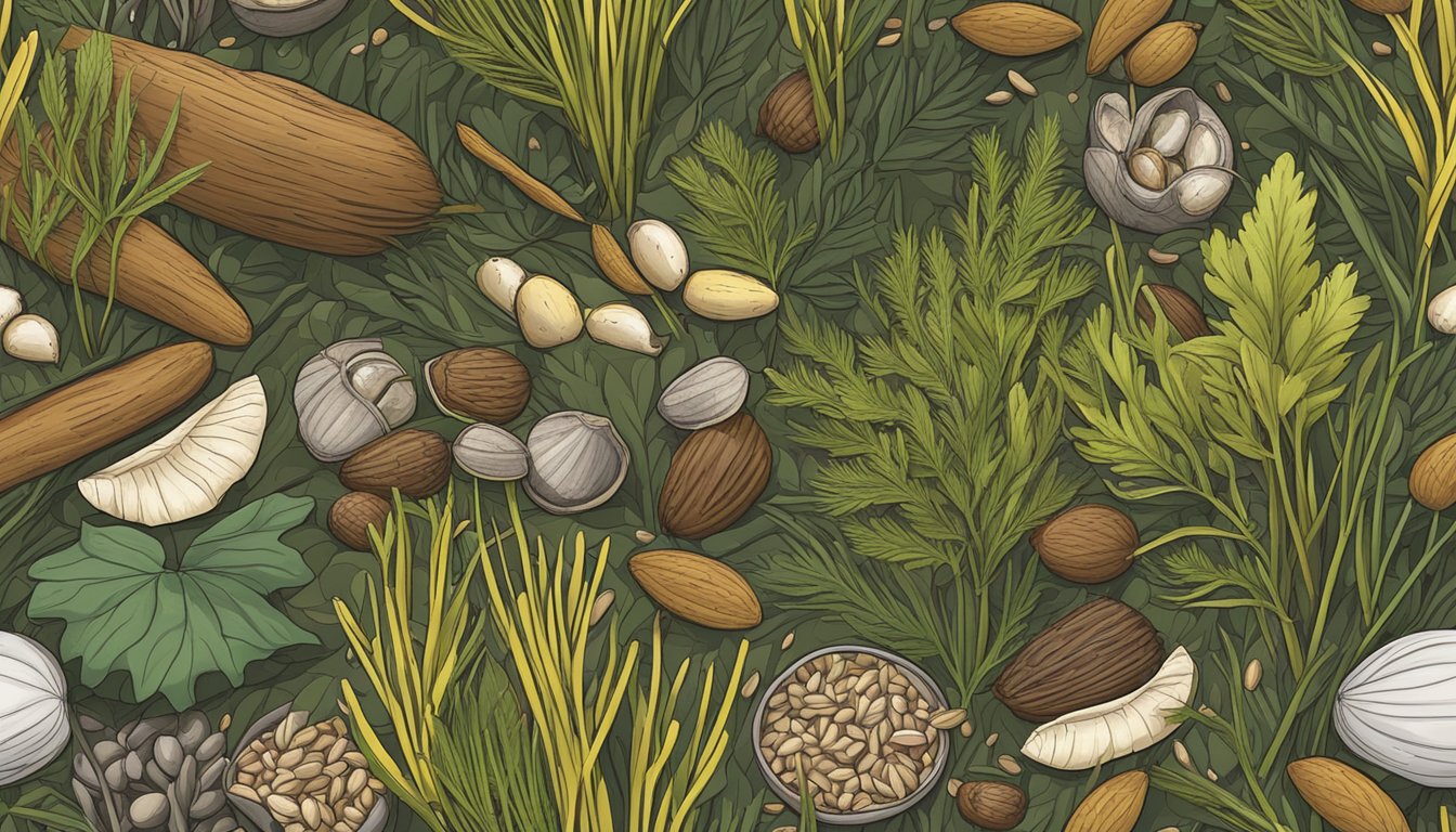 A lush, sun-dappled forest floor with scattered wild rice plants, surrounded by a variety of edible seeds including acorns, pine nuts, and hickory nuts