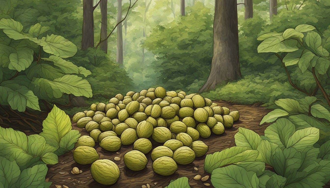 A cluster of ripe walnuts nestled among wild edible plants in a lush forest clearing