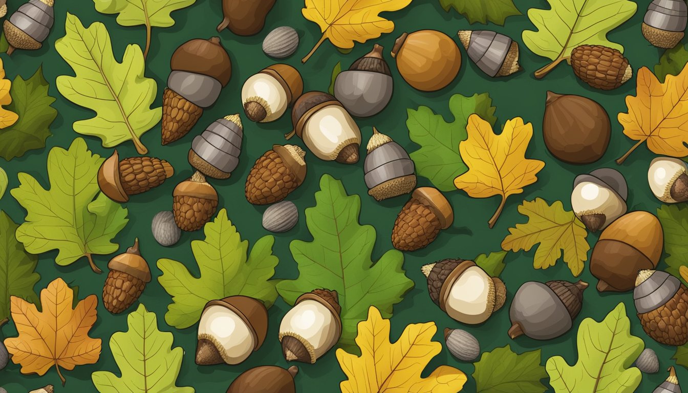 A forest floor scattered with various types of acorns, surrounded by fallen leaves and tree branches