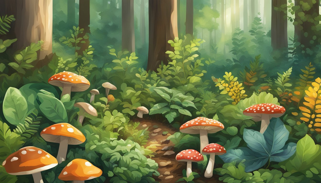 A lush forest floor with an array of vibrant wild edibles, including berries, greens, and mushrooms, surrounded by towering trees and dappled sunlight