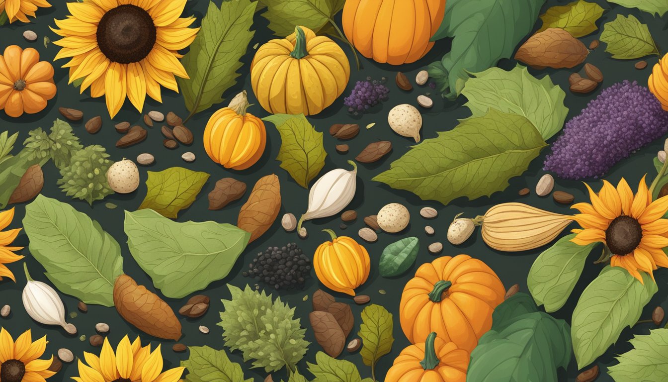 A variety of edible seeds scattered across a forest floor, including sunflower, pumpkin, and chia seeds, surrounded by wild foliage and fallen leaves