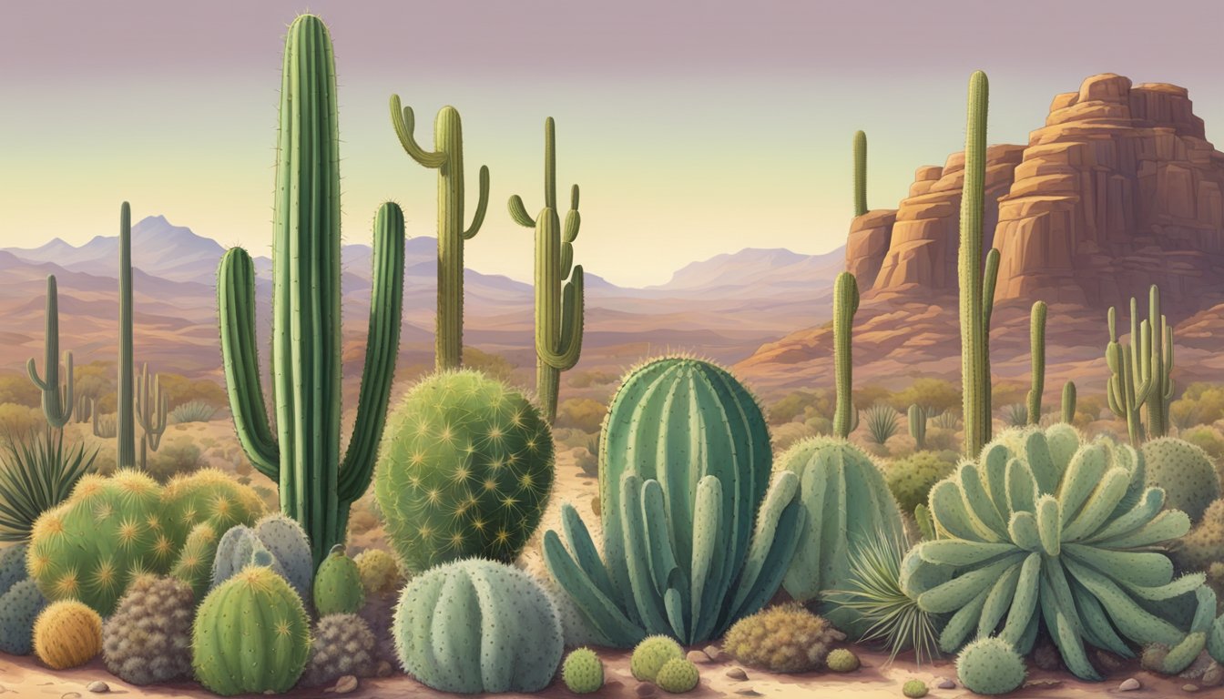 A desert landscape with a large organ pipe cactus surrounded by other edible cactus species