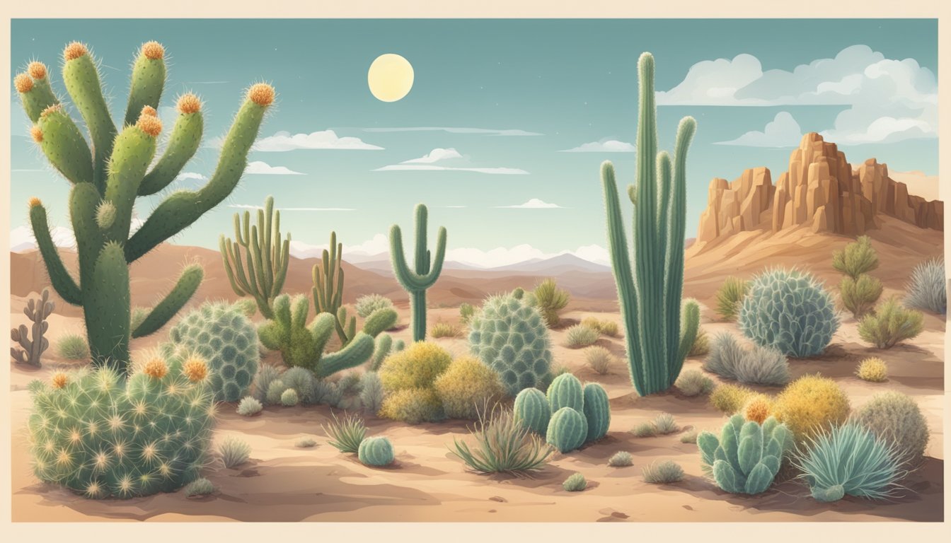 A desert landscape with six different species of cholla cacti, each labeled with its edible parts and surrounded by ingredients for preparing them