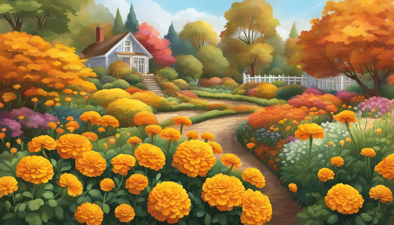 A vibrant garden bursting with marigolds, surrounded by autumn foliage