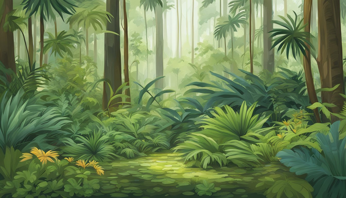 A lush forest floor with palmetto plants, vines, and other wild flora