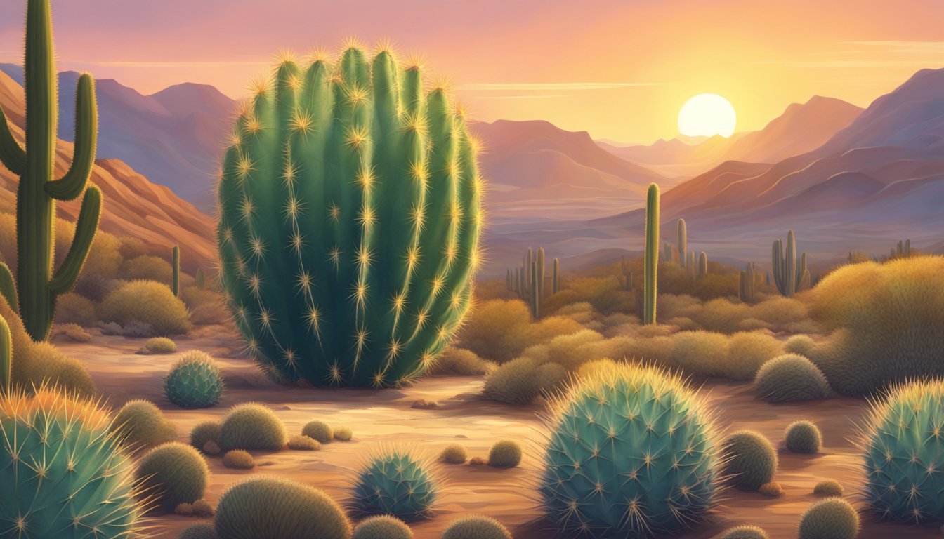 A desert landscape with a large barrel cactus surrounded by smaller cacti. The sun is setting, casting a warm glow over the spiky plants