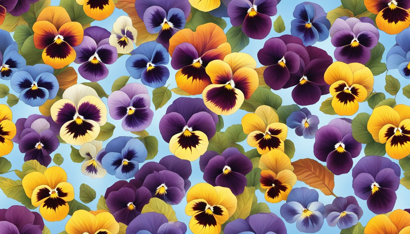 A colorful array of blooming pansies set against a backdrop of autumn leaves and a clear blue sky