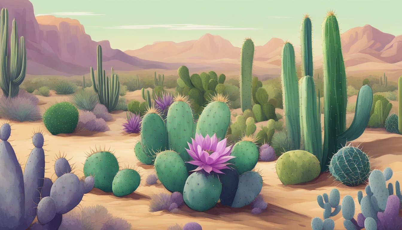 A desert landscape with six different types of edible cacti plants in various shades of green and purple, with prickly pear fruits and pads ready for harvest