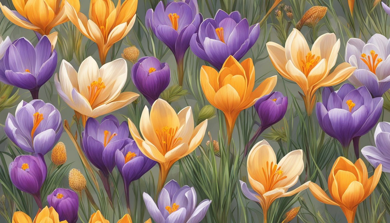 Vibrant saffron crocus flowers blooming among a variety of other edible flowers in a fall garden