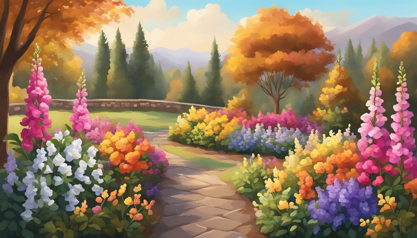 A vibrant garden filled with blooming Snapdragon flowers in various colors, set against the backdrop of a crisp autumn day