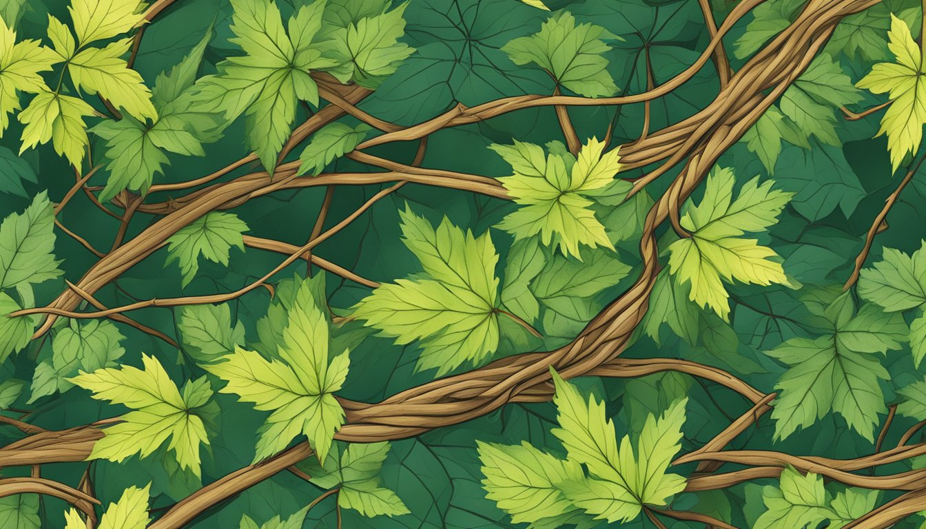 A lush forest floor with vine maple branches intertwined, creating a natural cordage