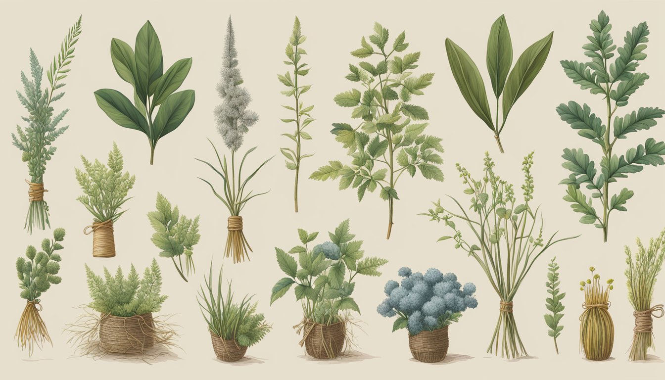 Various wild plants arranged in bundles, with examples of natural cordage made from each plant displayed nearby