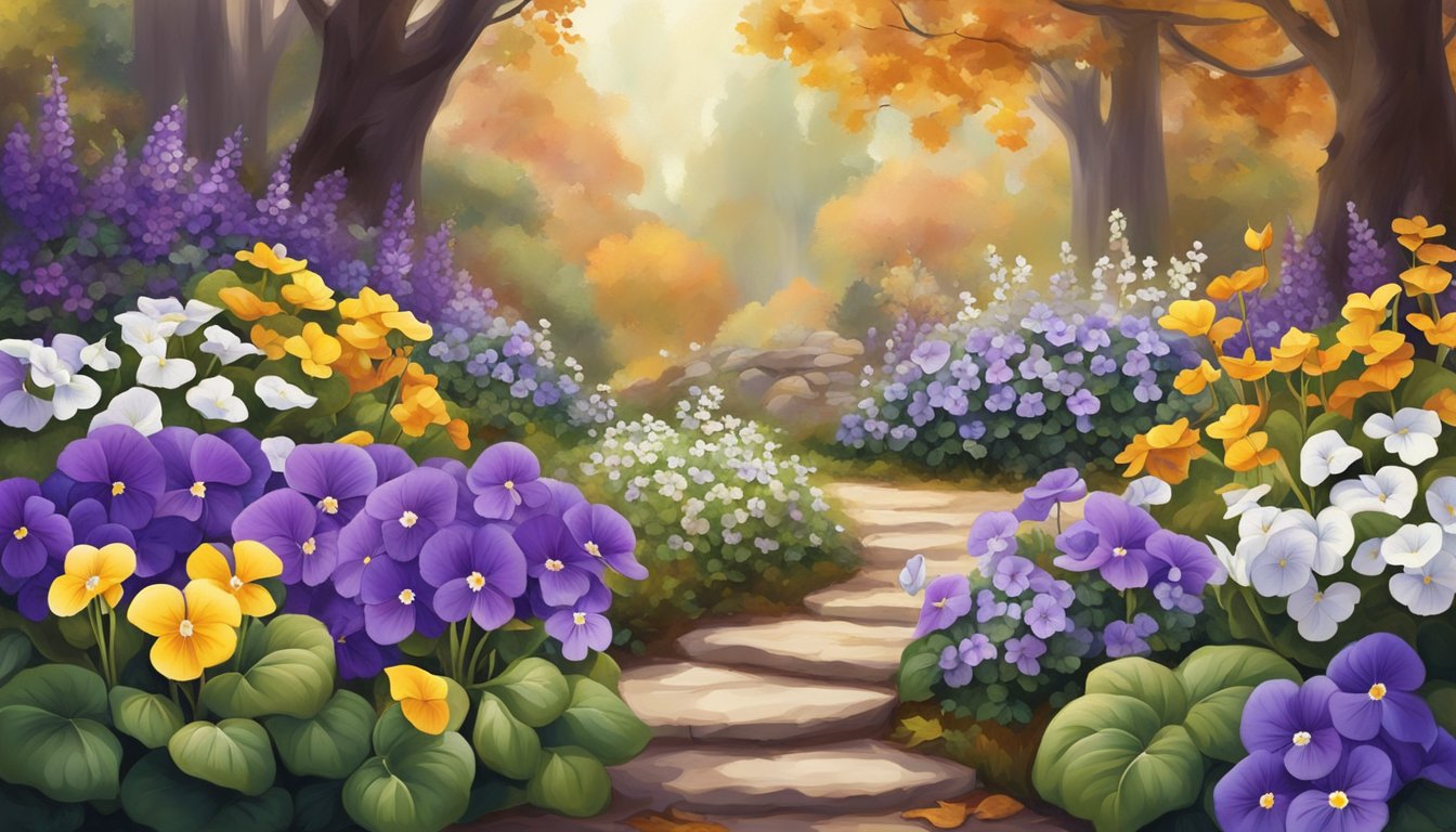 A garden with vibrant purple and white sweet violets blooming among other edible flowers, set against a backdrop of autumn foliage