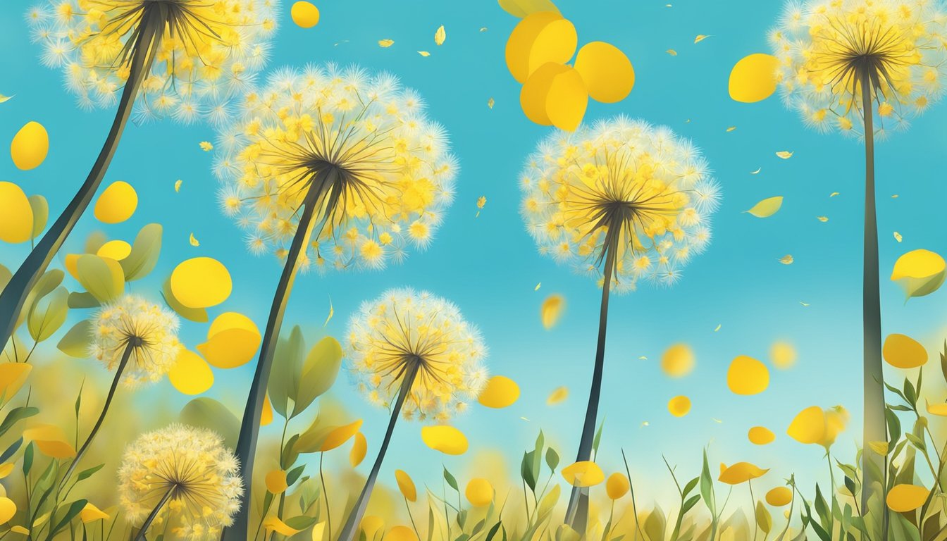 A field of dandelions in full bloom with vibrant yellow petals, set against a backdrop of autumn foliage and a clear blue sky