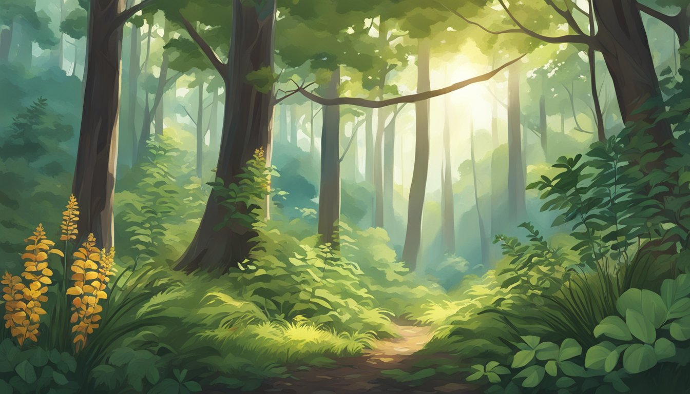 A lush forest clearing with Licorice Root, alongside other wild plants, growing tall and vibrant, with sunlight filtering through the canopy above