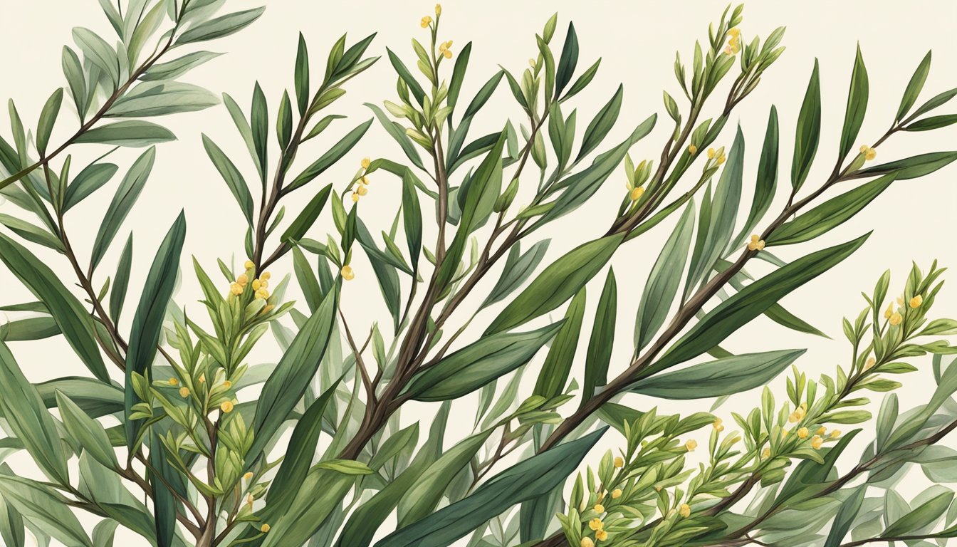 A close-up illustration of tea tree branches surrounded by four other wild plants commonly used as natural toothbrushes