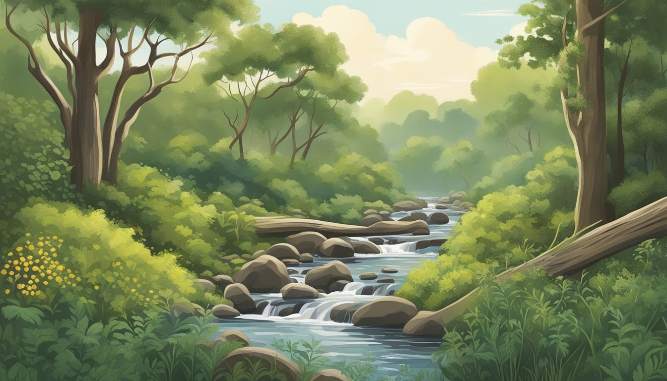 A lush forest clearing with wild plants like neem, licorice, and oak growing tall. A bubbling stream runs through, providing a serene backdrop for the natural toothbrushes