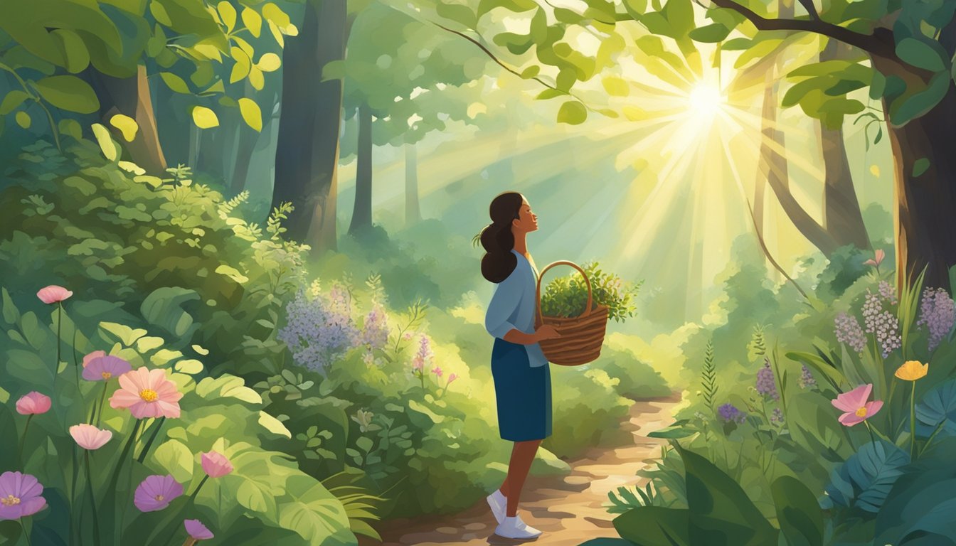 A person gathering wild plants in a lush forest, with a basket filled with various herbs and flowers. The sun is shining through the trees, casting dappled light on the scene