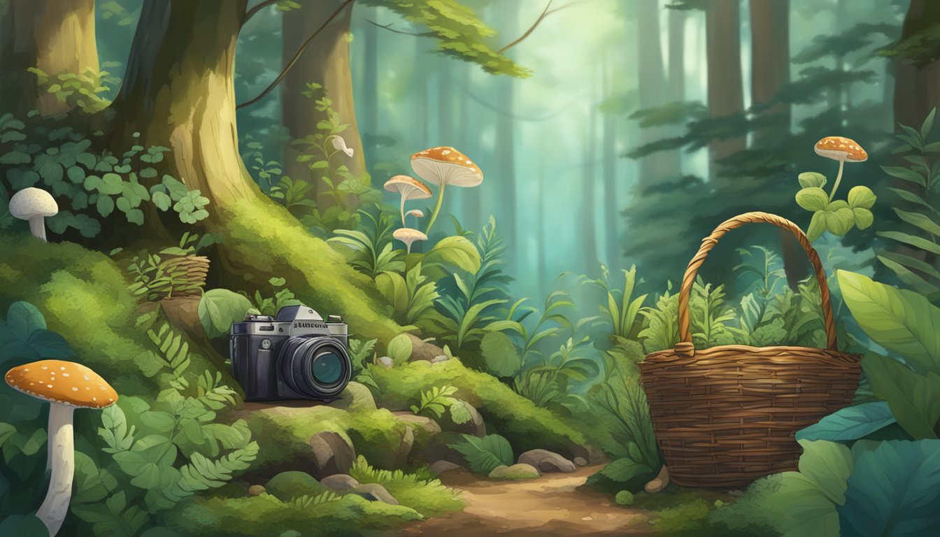 A lush forest with various plants and fungi, a basket filled with foraged treasures, and a camera capturing the natural surroundings