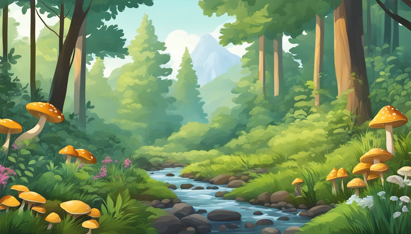 A lush forest with various wild plants and mushrooms scattered across the ground, with a clear stream flowing nearby