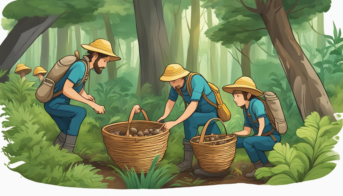 A group of explorers venture into a lush forest, carefully inspecting the ground for various types of mushrooms. They carry baskets and tools, their eyes scanning the earth for the elusive fungi