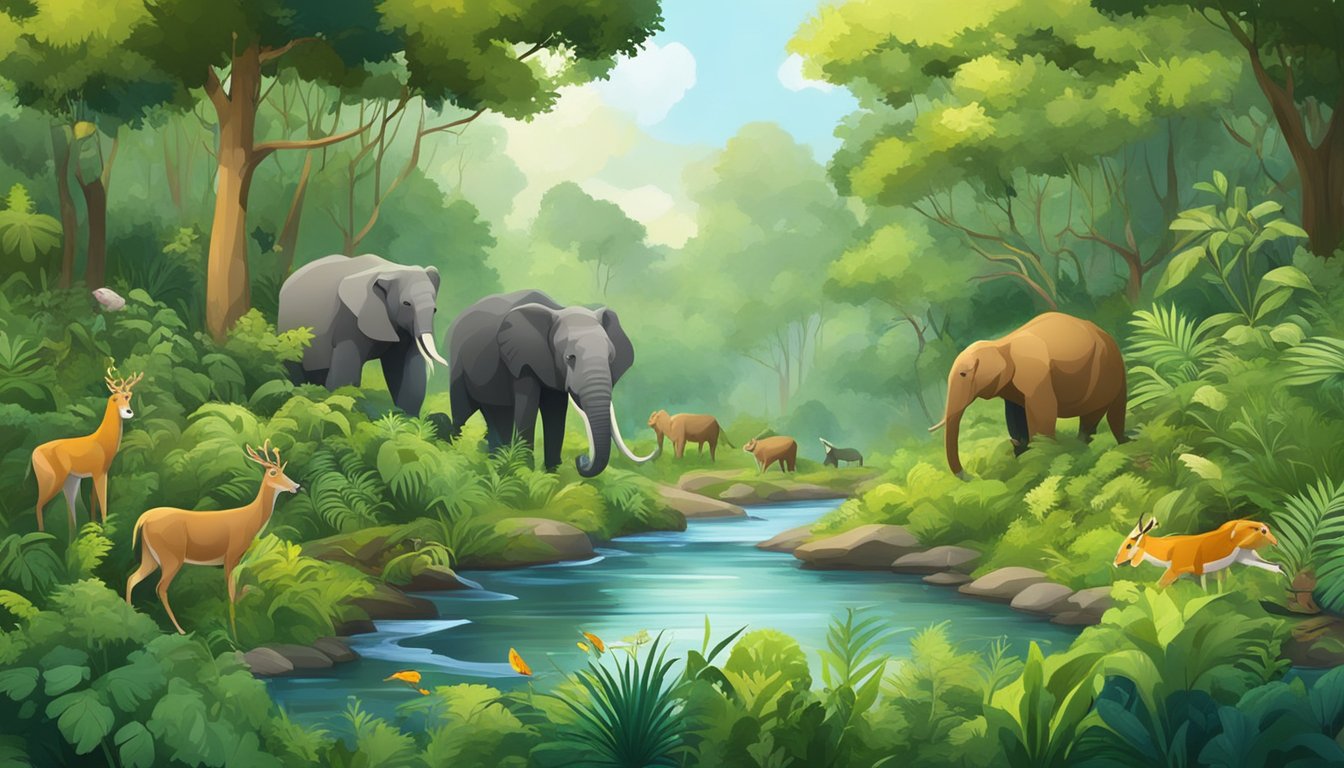 A lush forest with diverse plant life, a winding river, and a variety of wild animals foraging for food in the natural landscape