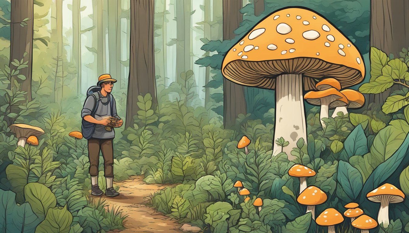 A lush forest with diverse plant life, mushrooms, and wild edibles. A forager gathers from the earth while sharing knowledge on camera