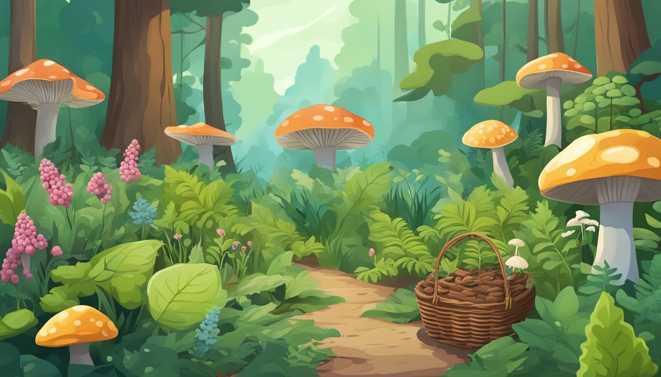 A lush forest with diverse plant life, mushrooms, and berries. A person collects wild edibles in baskets and forages with tools