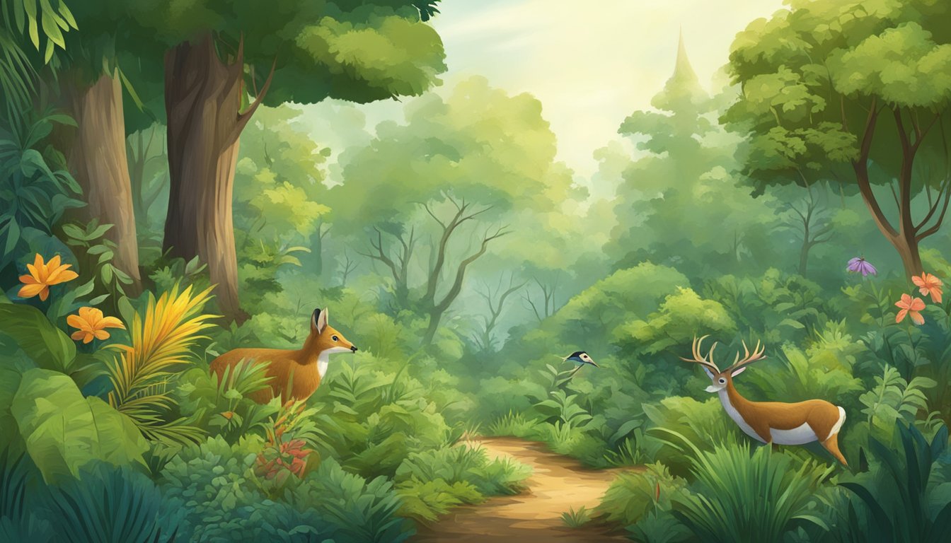 A lush forest with diverse flora and fauna, showcasing a variety of foraging environments throughout different time periods